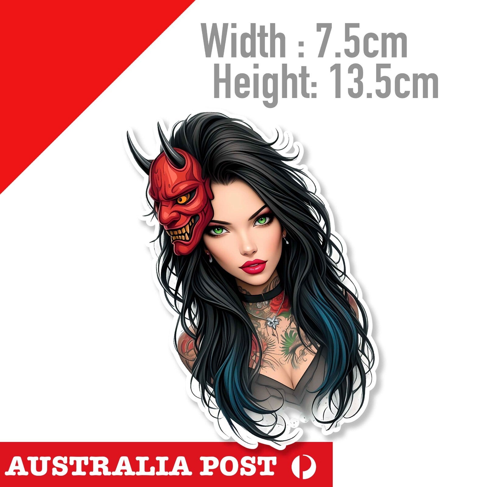 SEXY Brunet Girl with Tattoo and ONI MASK Japan Sexy Pin Up Girl  Sticker