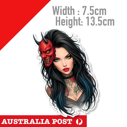 SEXY Brunet Girl with Tattoo and ONI MASK Japan Sexy Pin Up Girl  Sticker