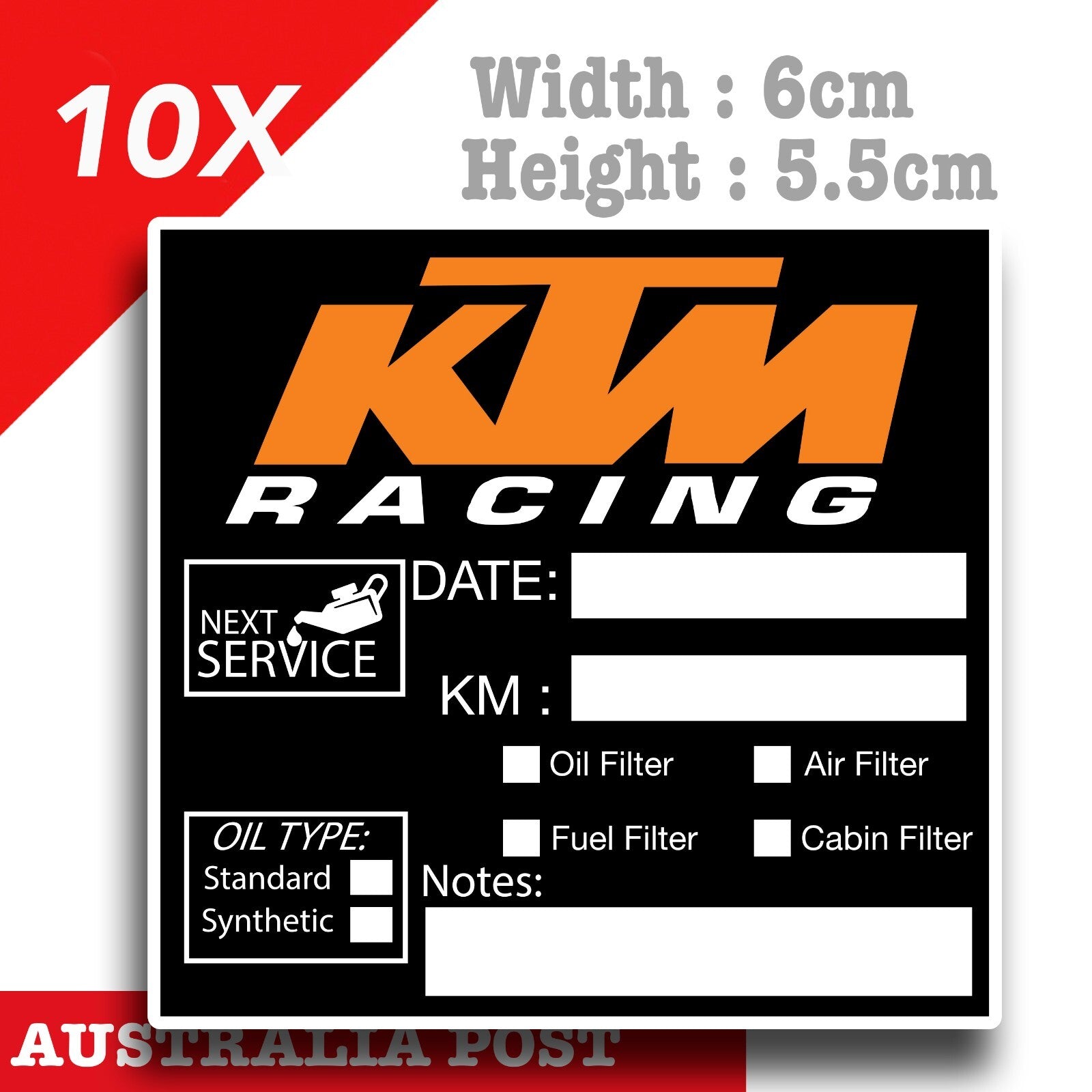KTM Racing Oil Change Service Reminder x10 Pack , Cars Vans Stickers