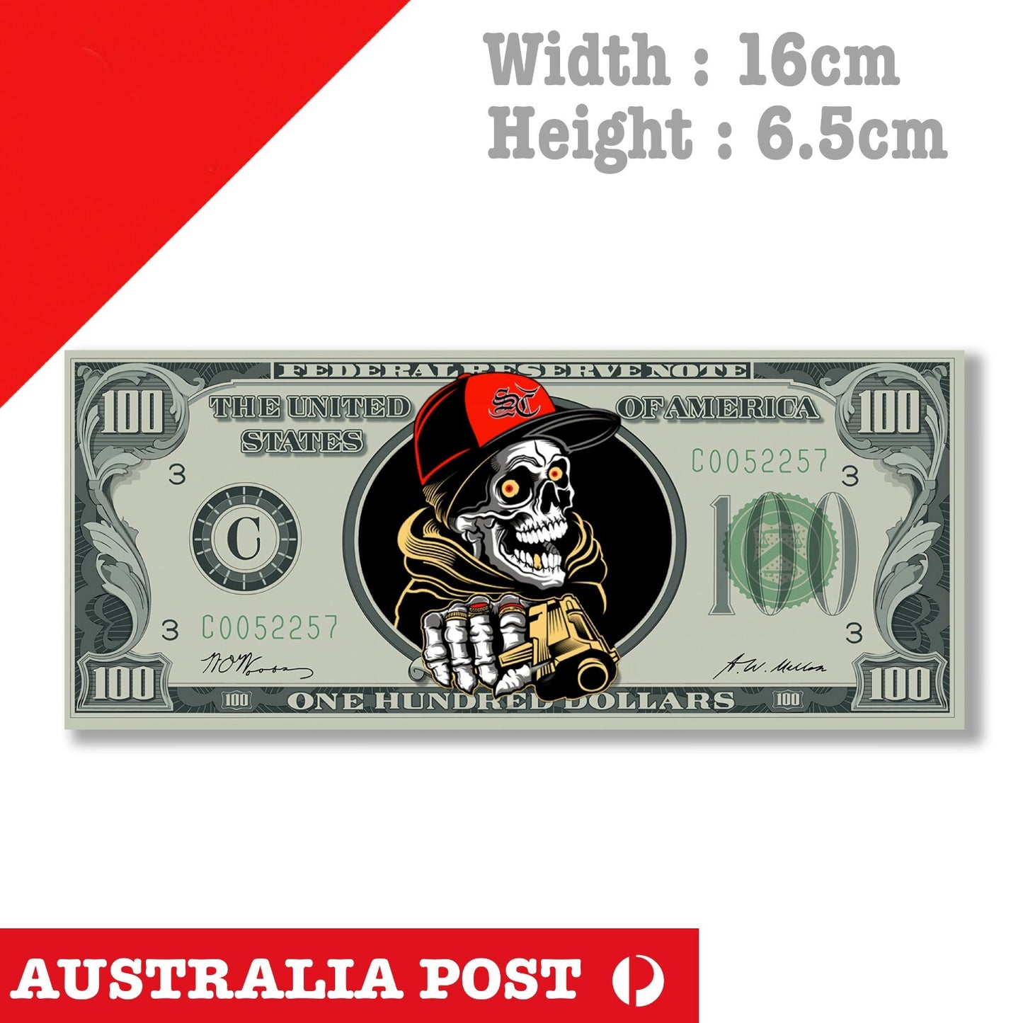 Gangster Skull with Gun 100 USA Dollar Funny Vinyl  Sticker