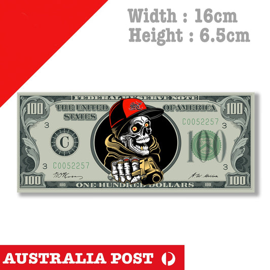 Gangster Skull with Gun 100 USA Dollar Funny Vinyl  Sticker