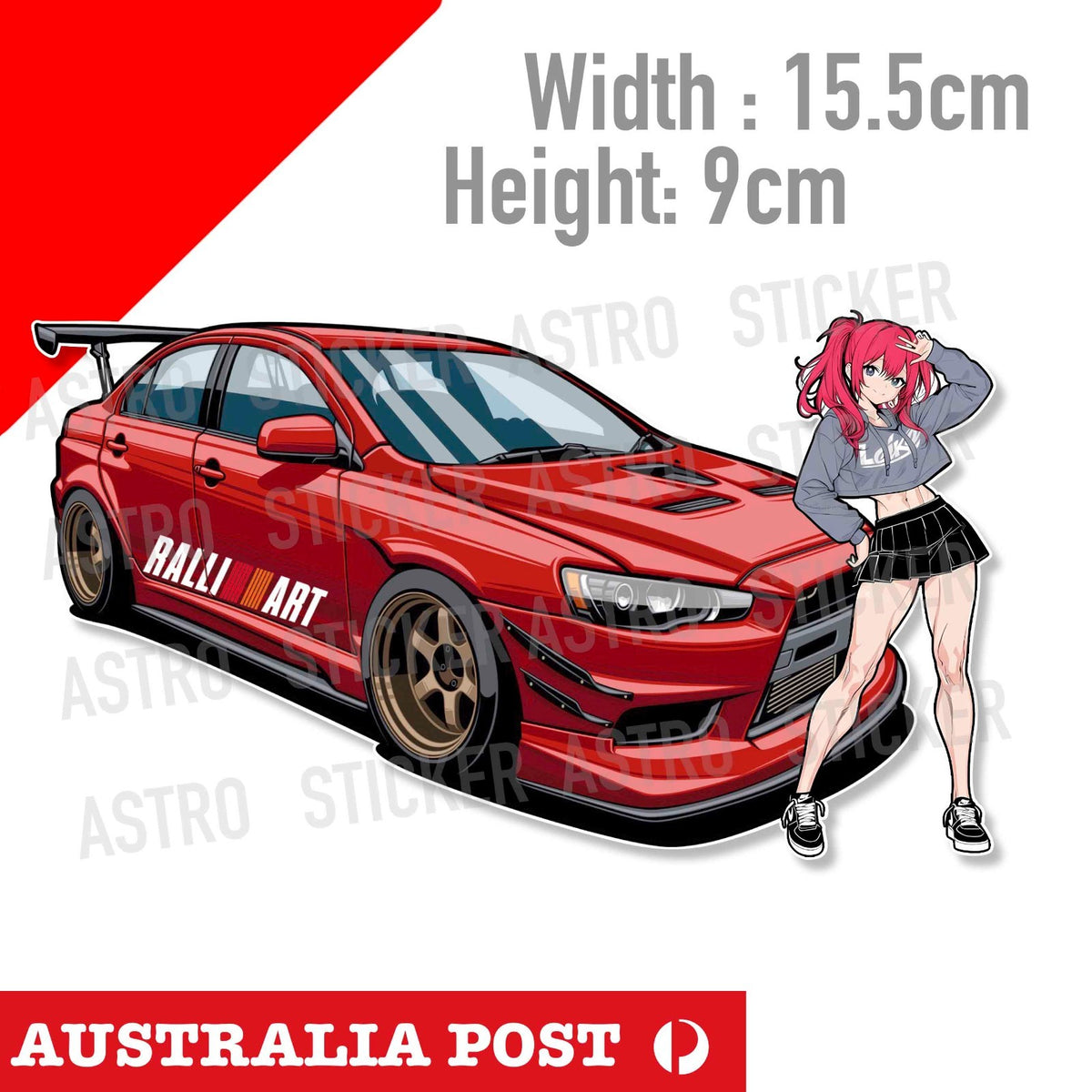 Ralliart Mitsubishi Lancer Evo X, JDM RED Evo Anime Sexy Girl Sticker