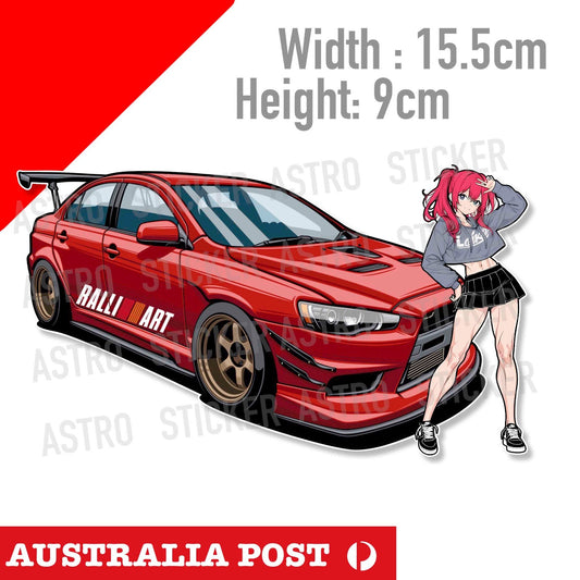 Ralliart Mitsubishi Lancer Evo X, JDM RED Evo Anime Sexy Girl Sticker