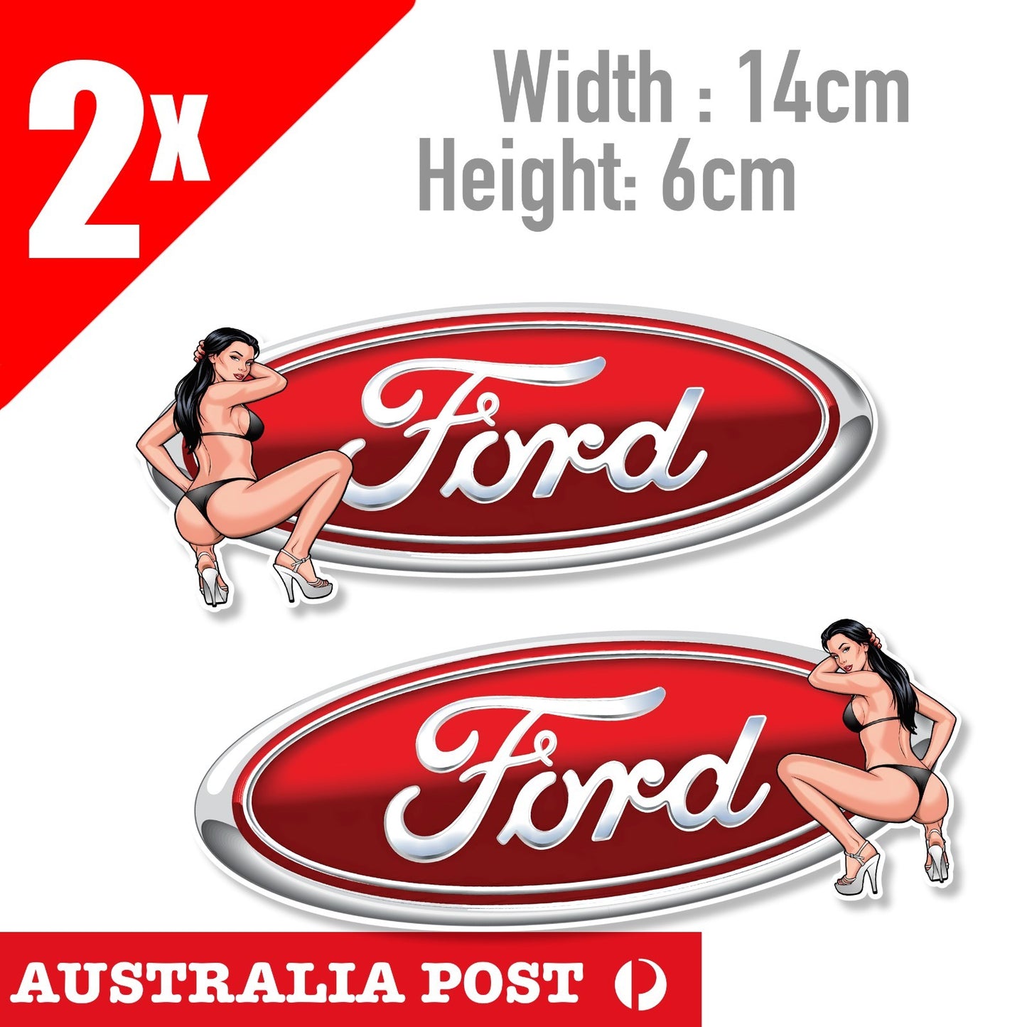 FORD Logo Brunet Pin Up Girl Mirrored Pair Vintage DRAG RACING MAN CAVE Sticker