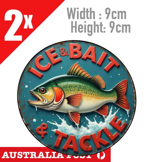 BAIT & ICE, FISH BAIT AND TACKLES Rustic Round  Fishing Sign Stickers