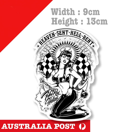 Pin Up Mechanic Girl - Heaven Sent, Hell Bent Motorcycle Black & White Sticker 