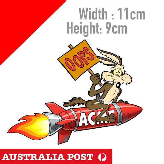Road Runner Wile E. Coyote funny OOPS Rocket with Flame, ACME Rocket Sticker