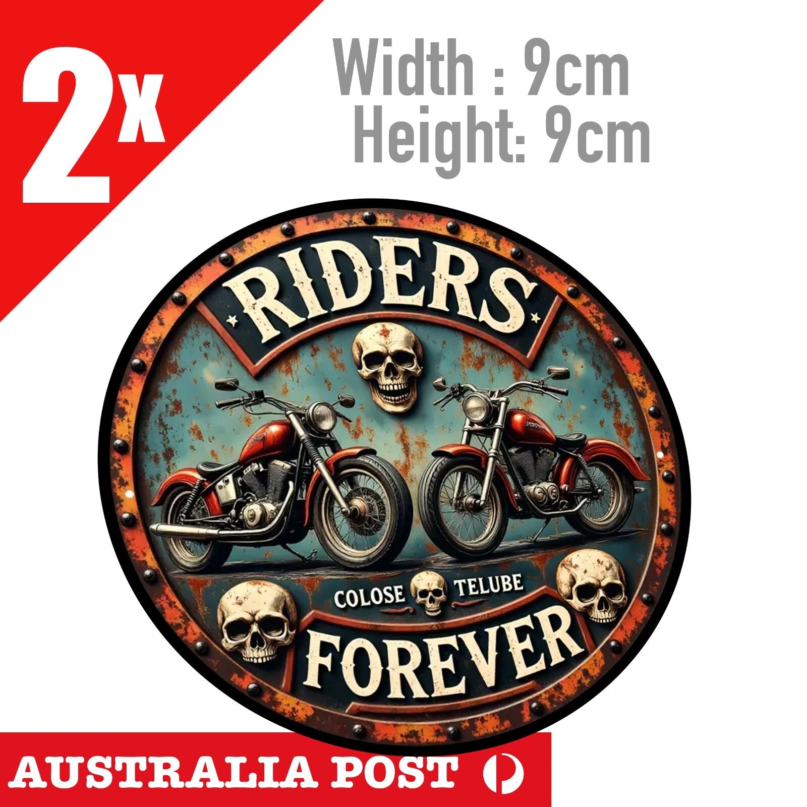 Forever Rider Skull Rustic Old, Rusted Round Skull Head Motorcyle Stickers