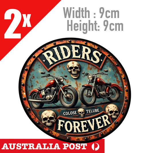 Forever Rider Skull Rustic Old, Rusted Round Skull Head Motorcyle Stickers