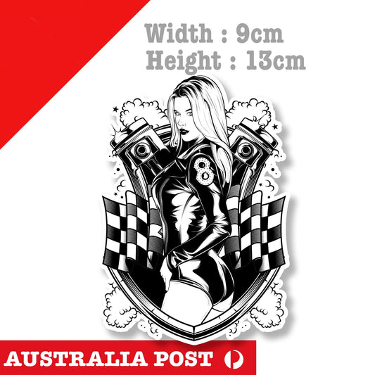 Race Girl With Engine Piston, Pin Up Sexy Girl, Racing Flag Sticker