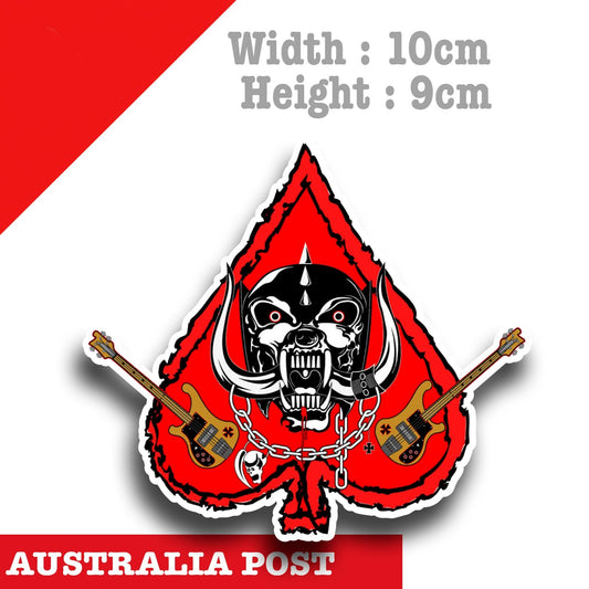 Motorhead Skull GUITAR Red ACE Logo, Motorcycle,Fuel Tank, Helmet Sticker