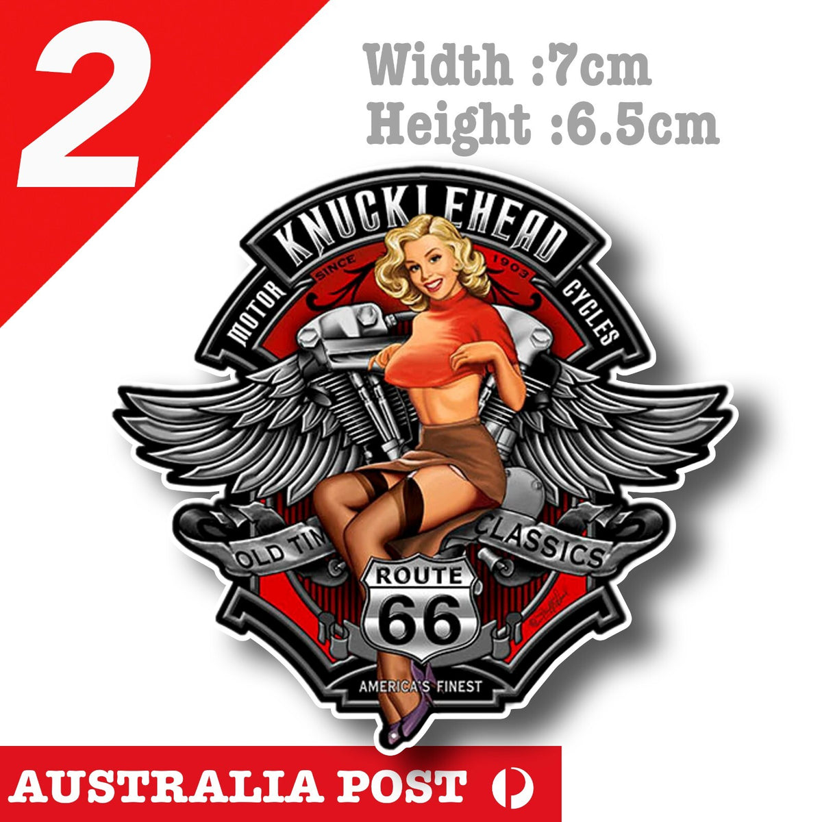 Knucklehead Motorcycles Pin Up Girl Route 66  Laptop , Car  Vinyl  Sticker 