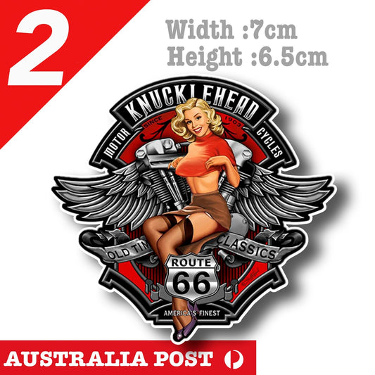 Knucklehead Motorcycles Pin Up Girl Route 66  Laptop , Car  Vinyl  Sticker 