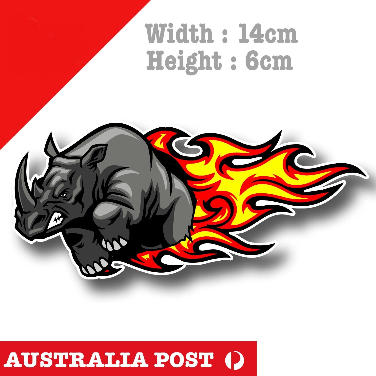 Rhino with Flame Sport Racing Logo, Motorcycle Helmet,  Car, Truck, Ute, Sticker
