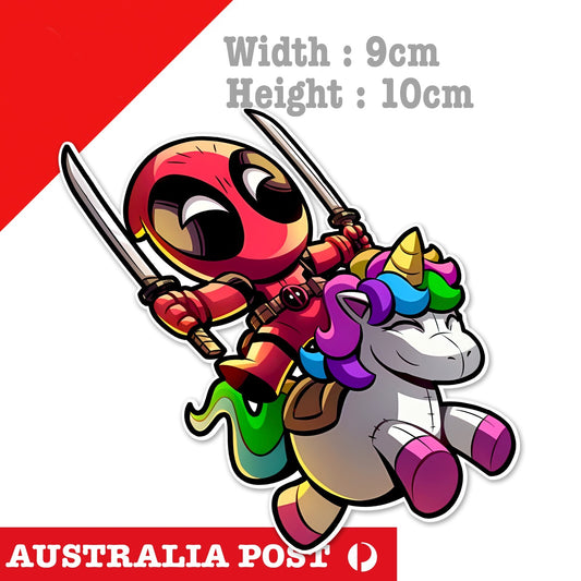Deadpool Riding Unicorn with Swords Funny Sticker