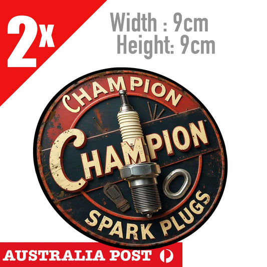 CHAMPION Spark Plugs Round Rustic , Metal Style, Car, Garage Vintage Sticker