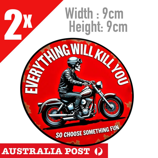 Vintage Skull Motorcycle Rider Sign, Rustic Funny Round Retro Style Stickers