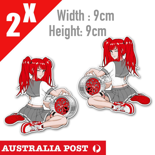 Sexy Red Head Pin Up With BBS Rims, Sexy JDM Pin Up Girl Stickers