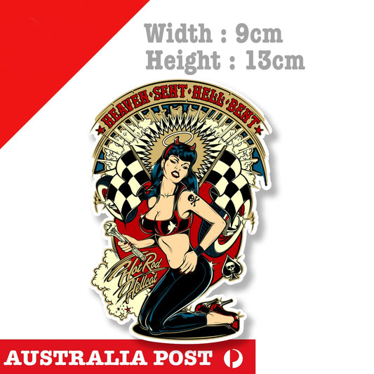 Pin Up Mechanic Girl - Heaven Sent, Hell Bent Motorcycle Sticker 