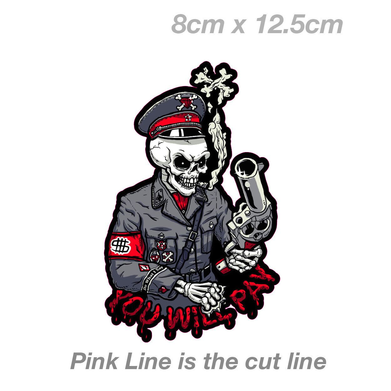 Skull General with Gun. Military, Funny Skull Vinyl  Sticker 