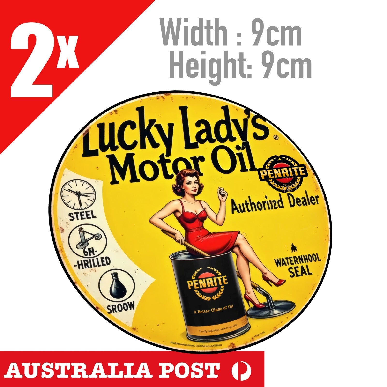 PENRITE LUBRICANT Motor Oil  Round Damaged, Rustic Sexy Pin Up Girl Stickers