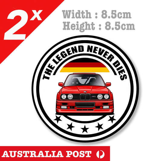 BMW E30 M3 RED, German Flag, Legend Never Dies Badge Sticker