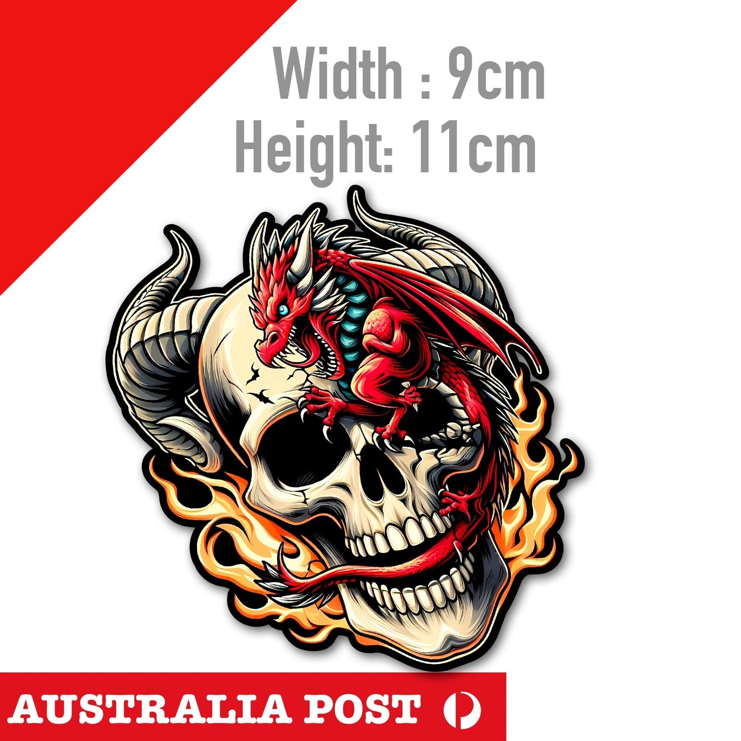 Skull Face with Red Dragon and Fire, Red Dragon, Skull, Motorcycle, Car Sticker