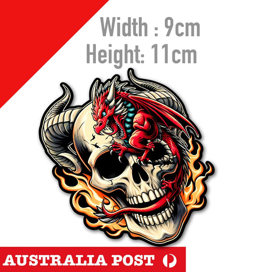 Skull Face with Red Dragon and Fire, Red Dragon, Skull, Motorcycle, Car Sticker