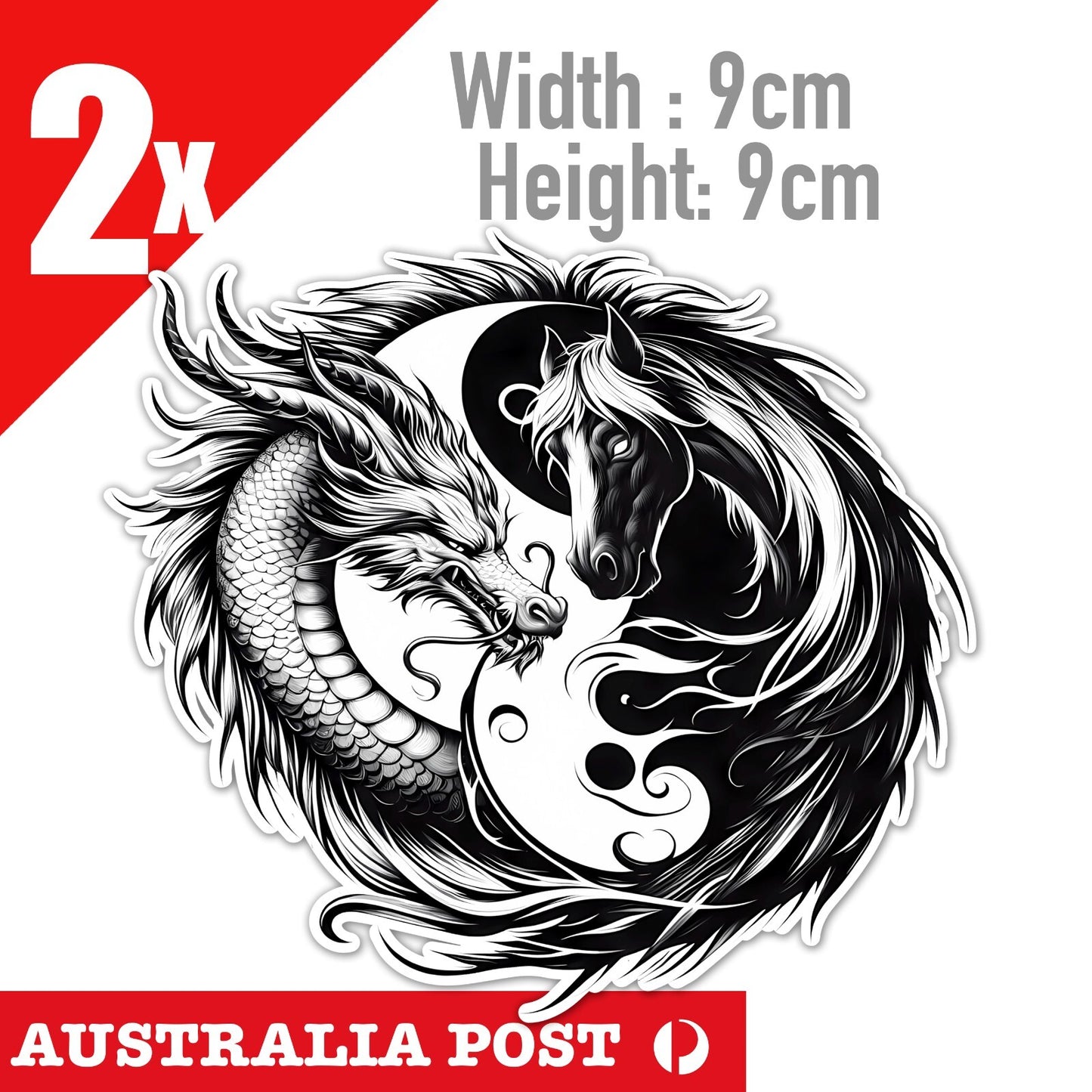 DRAGON & Horse Yin Yang Badge Black Dragon Chinese philosophy Stickers