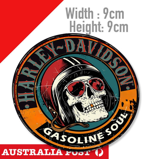 SKULL HEAD Motorcycle Rider, GASOLINE SOUL, Harley Davidson Shield Sticker