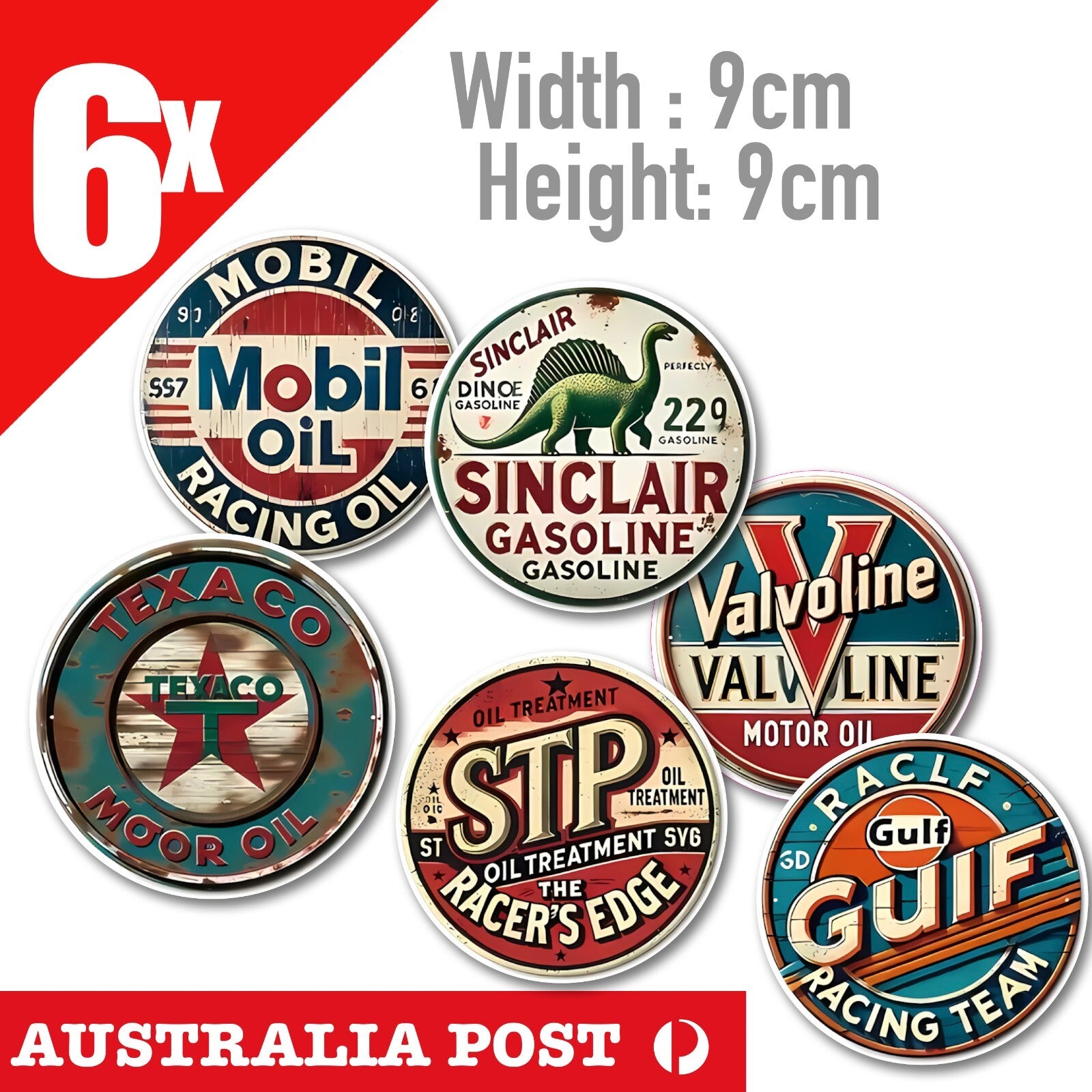 STP OIL , GULF, TEXACO,  VALVOLINE , SINCLAIR, MOBIL Oil Sign Decal  x6 Sticker