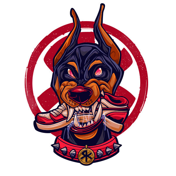 Angry Doberman Dog Chewing shoe Laptop , Car  Decal Sticker 