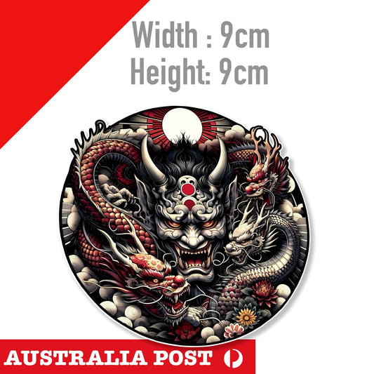 DRAGON Daruma Japanese Doll 開運 JDM  Japan Oni Mask  Round  Sticker