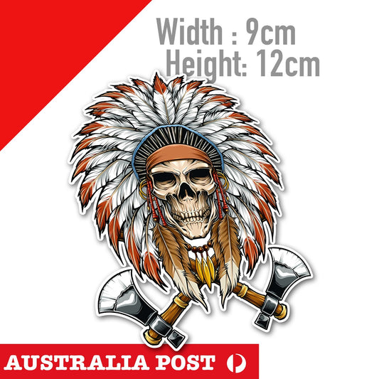 Indian Feather Head Skull Crosses Axes , Motorcycle Helmet, Fuel Tank, Sticker