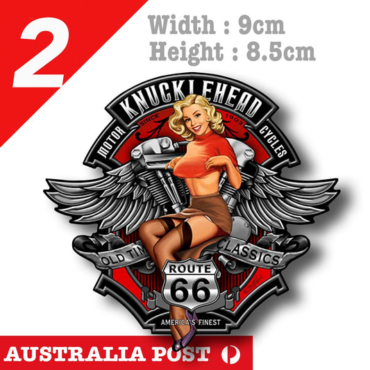 Knucklehead Motorcycles Pin Up Girl Route 66 Motorcycle Logo  Vinyl  Sticker